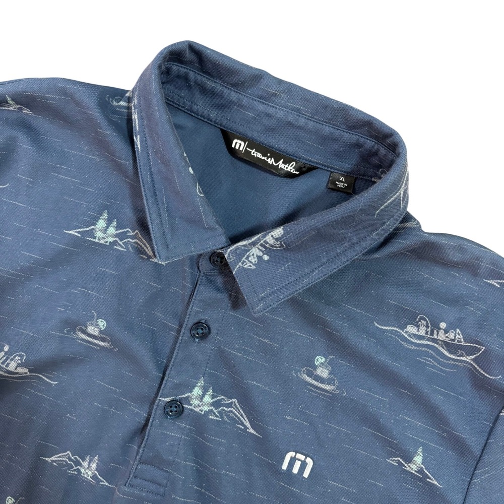 TravisMathew‎ Mens XL Blue Boat Mountain Print Pima Cotton Blend Polo Shirt